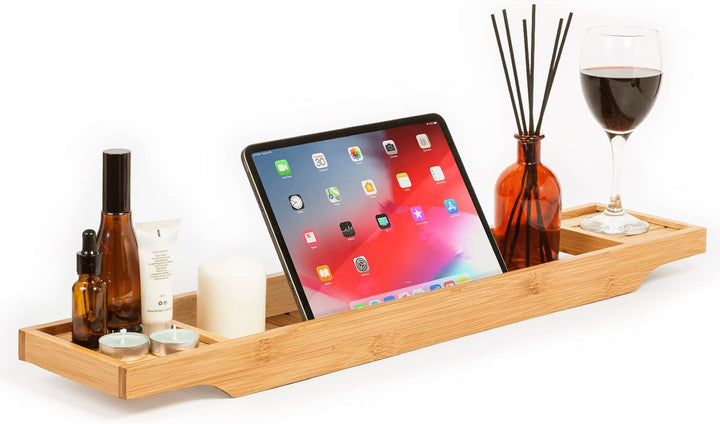 Slimline Acacia Wood Bathtub Caddy Tray Bridge Wooden Bath Rack Bathroom Accessory Bath Shelf over Tub Bathroom Board Storage Shelf Tidy Relax Organiser, 70 X 14.5 X 7.5 Cm - Natural