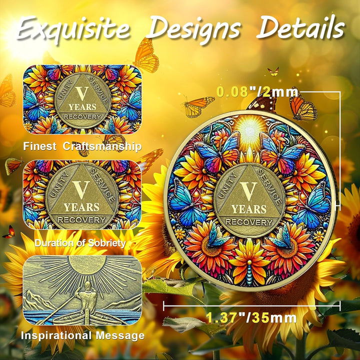Sobriety Coin, 5 Year Sunflower Butterfly Sobriety Chip AA Coin and Medallions One Day at a Time Sober Token Narcotics Alcoholics Anonymous Recovery Gifts