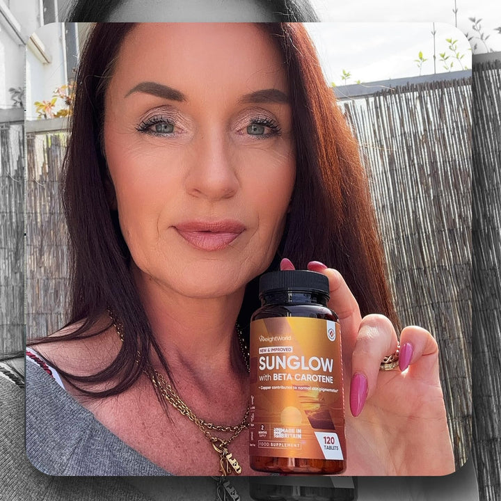 Tanning Tablets - 120 Sunglow Tablets - Beta Carotene Tanning with Vitamin B2 & B3, Zinc, Copper & Iodine - Gluten-Free & Non-Gmo - Made in the UK
