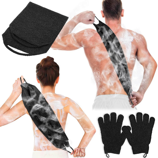 Exfoliating Back Scrubber Bath Gloves Set, Exfoliating Shower Towel with Shower Gloves for Body Scrub, Back Cleaner Wash Gloves to Remove Dead Skin (Black)