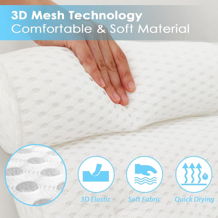 ®Bath Pillow - Extra Thick and Soft with Strong Suction Cups, Bath Pillow for Head and Neck with 3D Air Mesh Quality Comfort & Built-In Hook for Easy Drying & Storage (White)