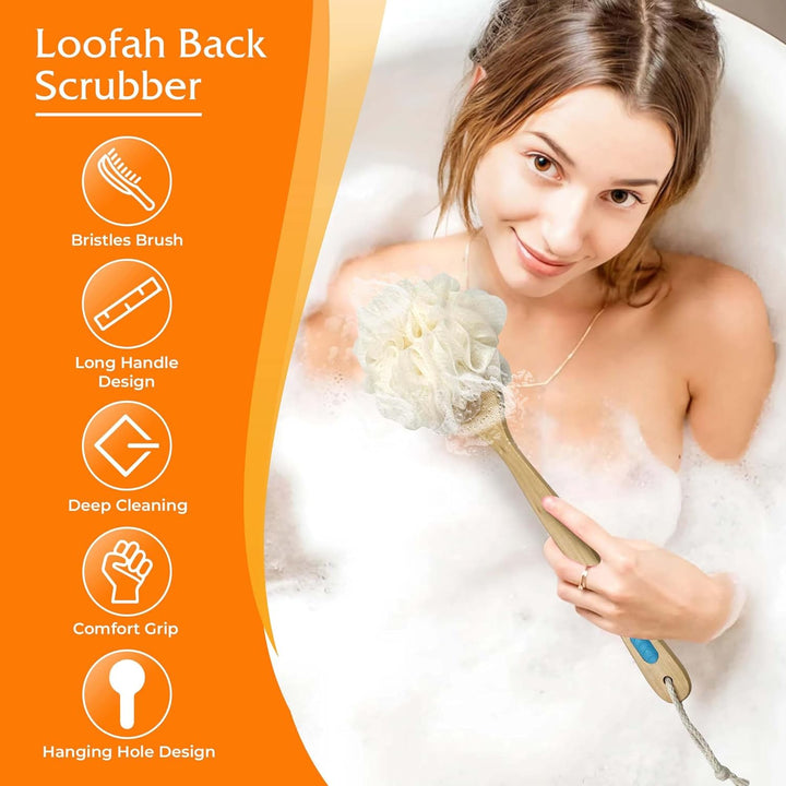 Back Scrubber 43Cm Long Wooden Handle, Double-Sided Shower Brush with Stiff Bristles and Loofah Exfoliates and Massages Skin, Ideal for Men and Women