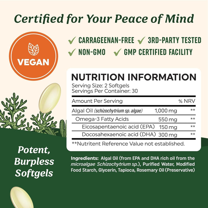 Vegan Omega 3 Algae Oil | Plant Based DHA EPA | Sustainably Sourced, No Carrageenan, Non GMO | Heart, Brain, and Eye Health | Fish Oil Alternative | Algae Omega 3 Supplement | 60 Softgel Capsules