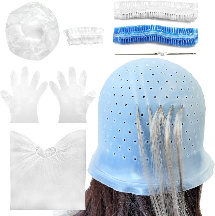 9 Pcs Highlighting Cap Kit Pre Holed Highlighting Cap Holes Opened Highlights Cap Hair Dye Cap Silicone Streaking Cap Frosting Cap with Disposable Professional Hair Colouring Dye Tools Kit