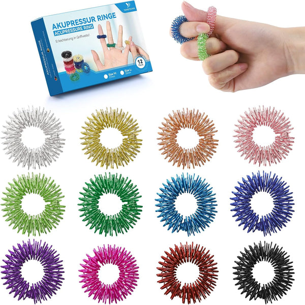 Spring Acupressure Rings, 12PCS 27Mm Spiky Sensory Finger Rings for Anxiety & Stress Relief, Blood Circulation, Versatile Fidget Massager for Adults and Teens 14+ (Multi-Color)