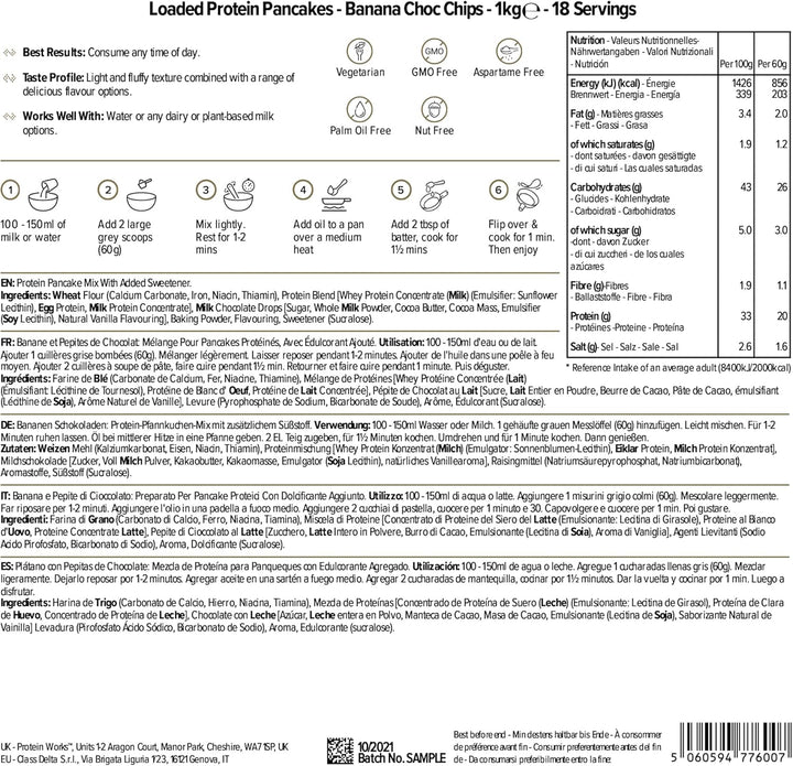 Protein Works - Loaded Protein Pancake Mix | Premium Pancake Mix | High Protein Pancakes | High Protein Breakfast | Low Sugar Snack | 16 Servings | Banana Choc Chip | 1Kg