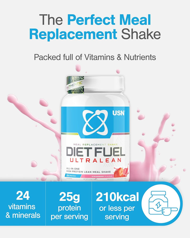 Diet Fuel Ultralean Meal Replacement Shake Powder, Strawberry Flavour - 1Kg, High Protein Shake Powdered Drink Mix, Low Calorie Diet & Weight Control Powder, 25G Protein