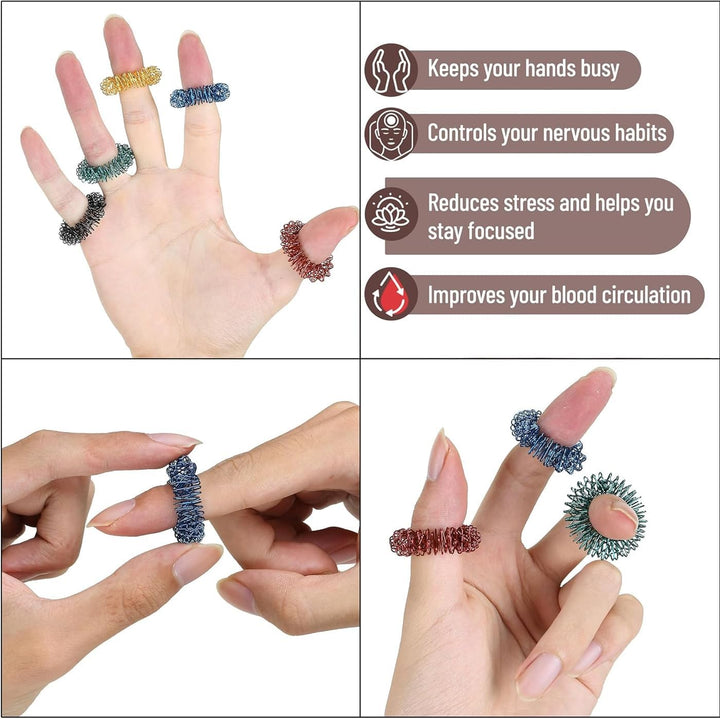 12 Pcs Acupressure Rings,Colorful Pain Stim Fidget Sensory Rings Finger Massager,Improves Blood Circulation Silent Relief Stress Spiky Stimming Fingertip Anxiety Metal Toys for Kids Children Women Men