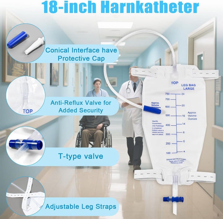 5Pcs 750ML Urinary Drainage Bag, Urine Bag with anti Reflux Chamber, Urine Drainage Bags with T-Tap Valve and 45Cm Tube, Individually Sealed Urinal Night Bags (750, 5)