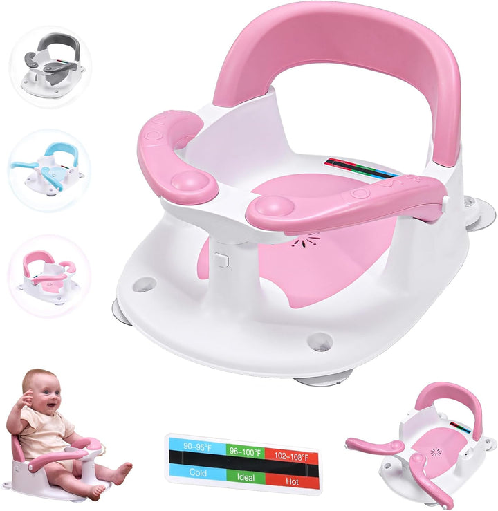 Baby Bath Seat for Babies 6 Months & up with Thermometer Sticker, One-Touch Button for Easy Armrest Opening, Baby Sit up Bath Chair (Gray)
