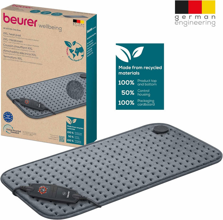 HK123 Green Planet Heating Pad, Made in Europe, Top and Bottom Made from 100% Recycled Material, Cuddly Soft, 60 X 30 Cm, 6 Temperature Levels and Automatic Shut-Off, Machine Washable, Grey