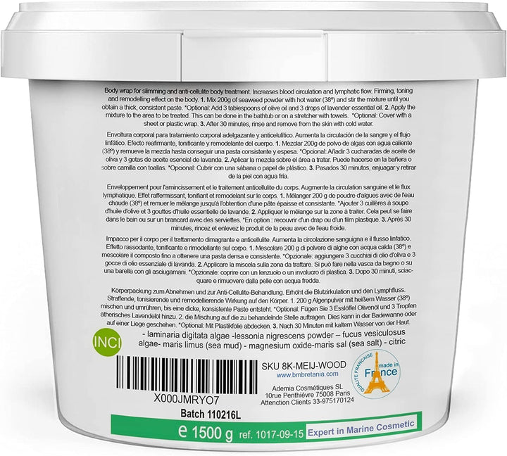 Inch-Loss Green French Clay & Seaweed Wrap - Bucket 1500 G ● Powder Body Mud Wrap ● Detox, Slimming and Anticellulite Body Wrap ● Tummy Waist Mud in Powder ● SPA and Professional Treatment