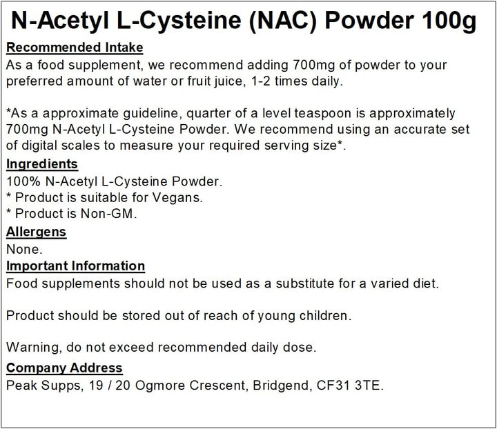 N-Acetyl L-Cysteine Powder 100G - Pure NAC | Vegan Friendly, GMO Free