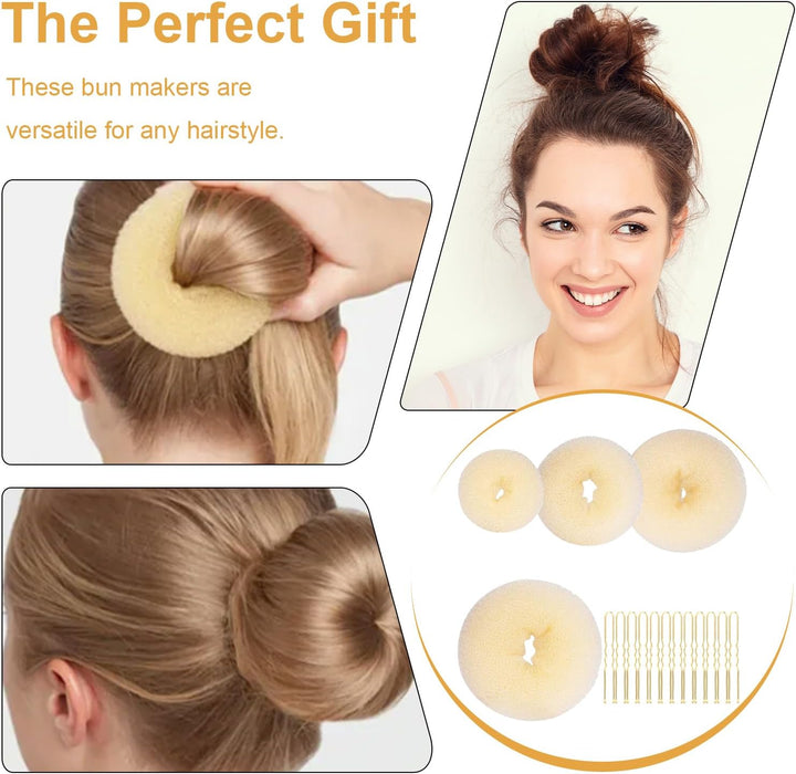 4 Pcs Ring Style Donut Bun Shaper with 20 Golden Hair Pins,Beige Donut Bun Maker,Hair Donuts,Shaper Set for Dancers, Ballerinas,Girls Etc and Daily Hairstyles Diy（Beige）