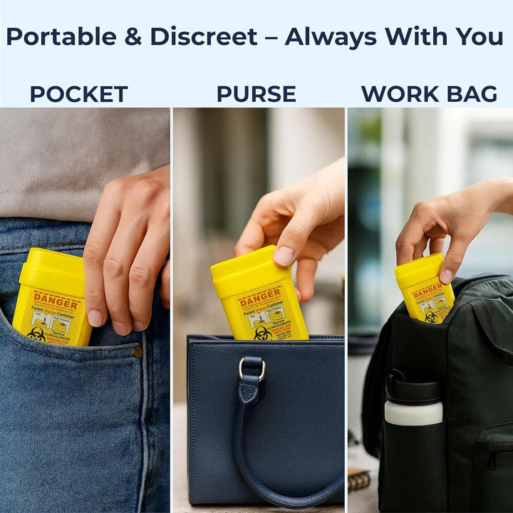 Travel Sharps Bin Mini 4 Container Pack - Small Sharps Box for Needles, Lancets, Razor Blades - Portable Clinical Waste Bin Ideal for Travel, Work, Home - 4 Yellow Needle Disposal Box Size 0.2L Each