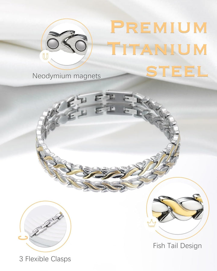 Magnetic Bracelets for Women,Titanium Steel Ladies Magnetic Bracelets,Adjustable Wristband Include Sizing Tool in Gift Box(Fish Tail Design-Silver Gold)