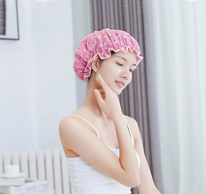 2 Pcs Bath Caps Elastic Band Double Layers Waterproof Shower Caps with Ruffled Edge Covering Ears Keeping Hair Dry Kitchen Oil-Proof Cap for Girls and Women