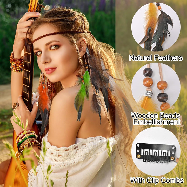 6Pcs Feather Hair Clip, Hair Feathers Extensions, Boho Hippie Festival Accessories, Handmade Hairpin Headdress for Women Girls Halloween Cosplay Costume