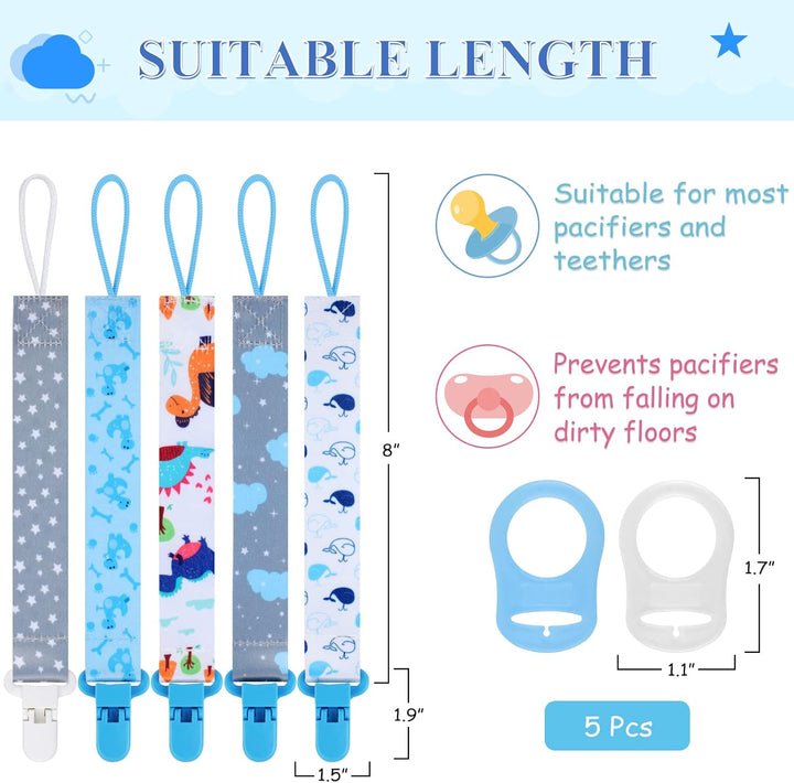 5 Pcs Dummy Clips with 5 Pcs Silicone Adapter, PP Material Baby Pacifier Clip for Boys, Soother Chain Holder Straps Teething Clips for Baby Teething Toys Baby Shower (Blue)