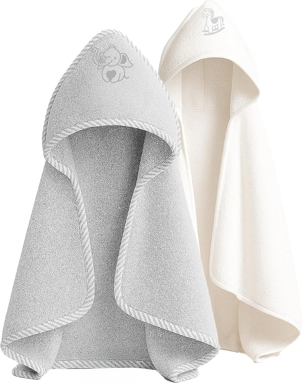 Newborn Essentials 100% Cotton Embroidered Hooded Baby Towel 70 X 70Cm for Baby Boys and Girls 0-24 Months (2-Packs)