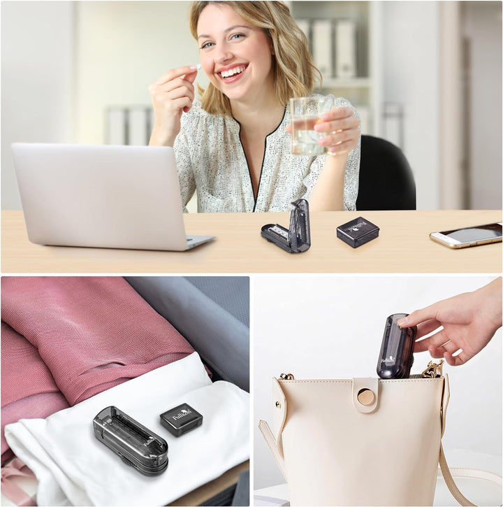 Multiple Pill Cutter, Adjustable Pill Cutter for Small Pills with Accurate Pill Alignment, Stainless Steel Cutting Blade & Blade Guard, Pill Splitter with Free Brush & Pill Box (Black)