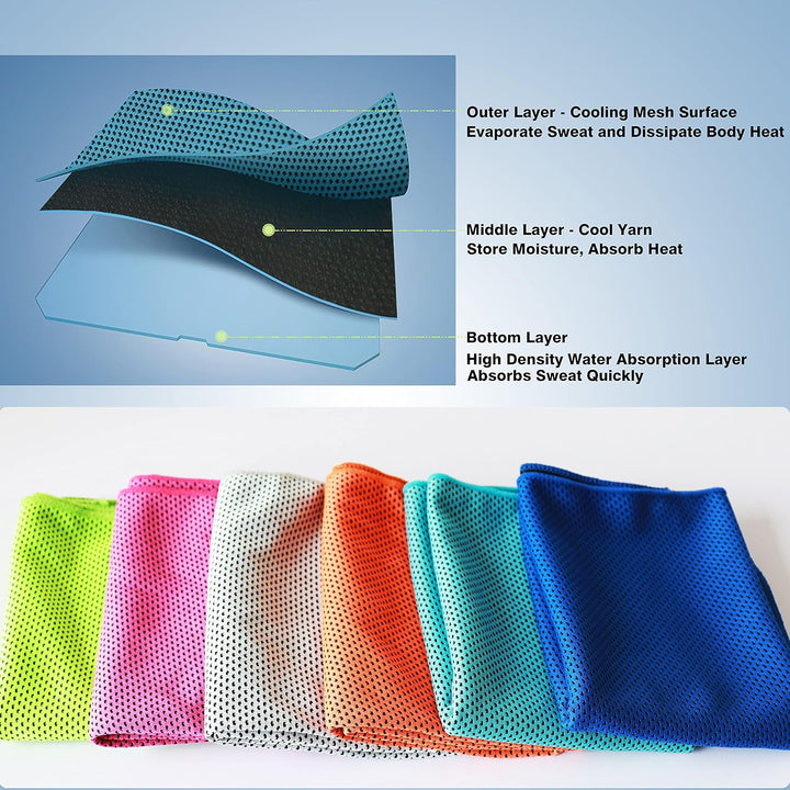 6-Pack Cooling Towels, 40"X12", Instant Cooling, Multipurpose, Personalized Pattern, Skin-Friendly, Microfiber, Bright Orange, Royal Blue, Green, Lake Blue, Gray, Rose Red