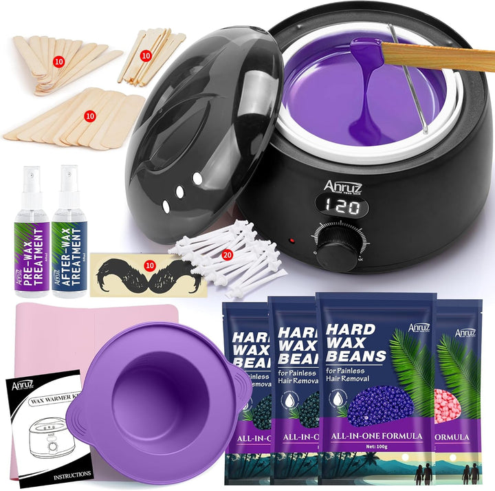 Waxing Kit, Wax Kit for Hair Removal, Wax Pot for Waxing Professional with Silicone Bowl,4 Bags Wax Beads and 20 Applicator Sticks, 2 Treatment Oils-At Home Wax Machine for Full Body Waxing