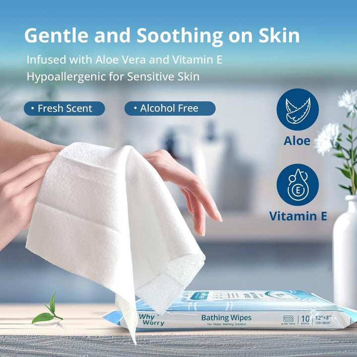 Ultra Thick Body Wipes for Adults No Shower, Shower Wipes with Aloe for Women, Men & Elderly, Extra Large Bed Bath Cloths for Cleansing, Camping, Gym & Travel, Fresh Scent, 20X30 Cm, 50 Count