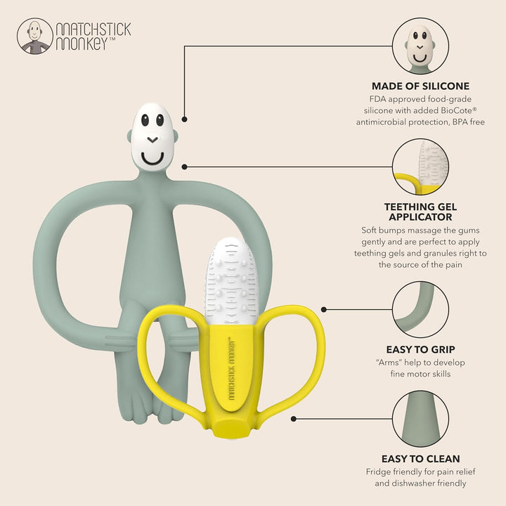, Antimicrobial Teething Gift Set - 1 Banana Shaped Soother and 1 Animal Teether, 3 Months Old+, Banana & Monkey