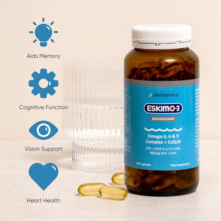 Eskimo-3 Brainsharp Fish Oil by  - Omega-3, 6 & 9 + Coq10 for Memory & Concentration - 960Mg EPA & DHA - Lemon, 120 Capsules