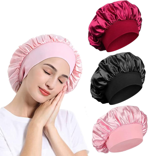 Satin Bonnet, Night Sleep Caps with Wide Elastic Band, Silk Wrap, Soft Head Cover Sleeping Hat for Women and Girls Curly Hair