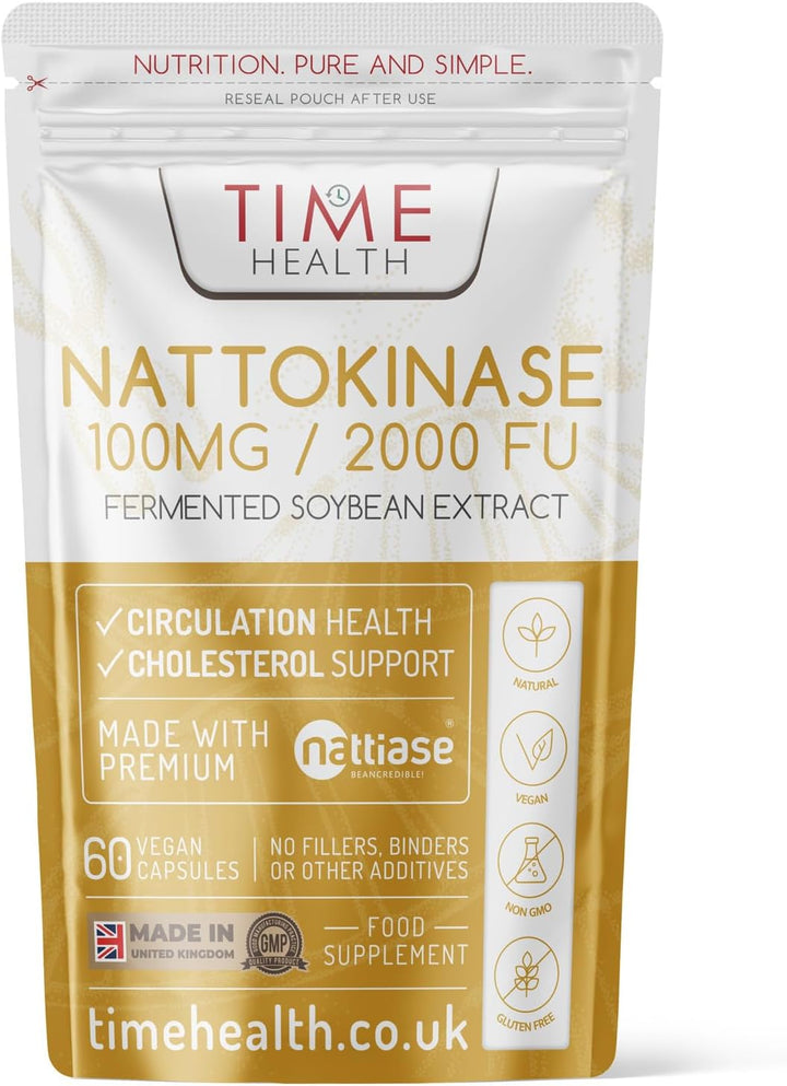 New: Nattokinase - 60 Capsules - 2000 FU / 100Mg - Nattiase® Natural Fermented Soybean Extract - Enzyme from Japanese Natto - UK Made - GMP Standards - Zero Additives (60 Count (Pack of 1))