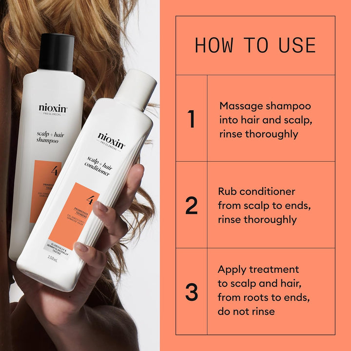 Nioxin System 4 - Hair Thickening System for Damaged Hair with Progressed Thinning - Biotin & Niacinamide - Shampoo, Conditioner, Serum