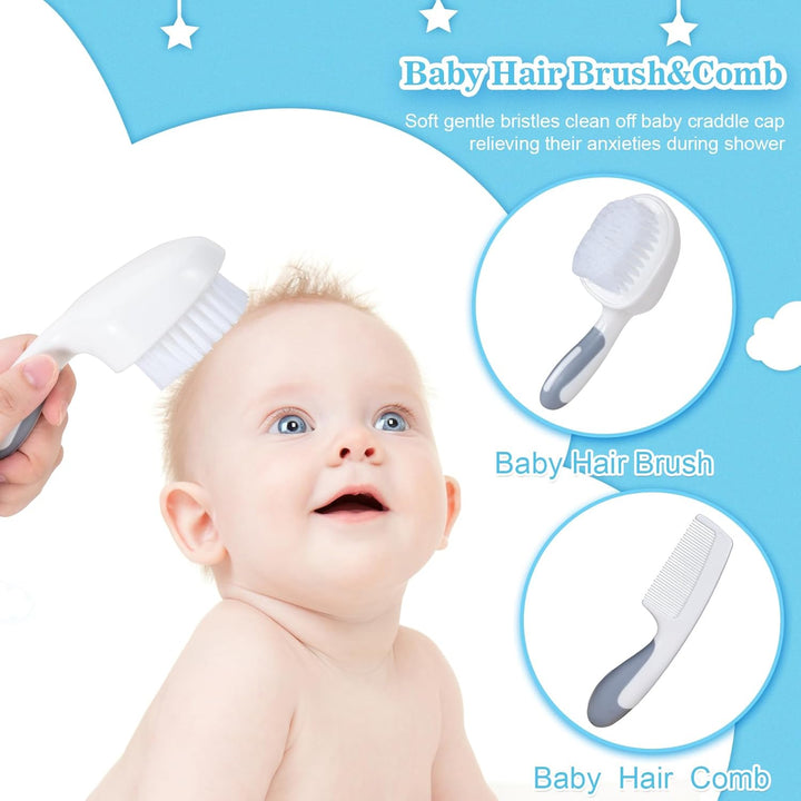 Little Angel Baby Healthcare and Grooming Kit, Safety Newborn Nursery Care Set, with Hair Brush Comb, Nail Clipper, Nasal Aspirator for Newborn Infant Baby Girls Boys White Gray