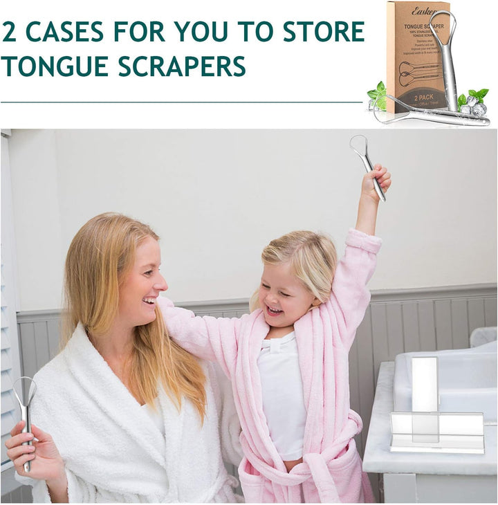 Tongue Scraper (2 Pack), Wide-Head Tongue Cleaner with Nice Carrying Box,  100% Stainless Steel Tongue Scrapers Cleaners, for Men, Women, Adults, Kids, Silver