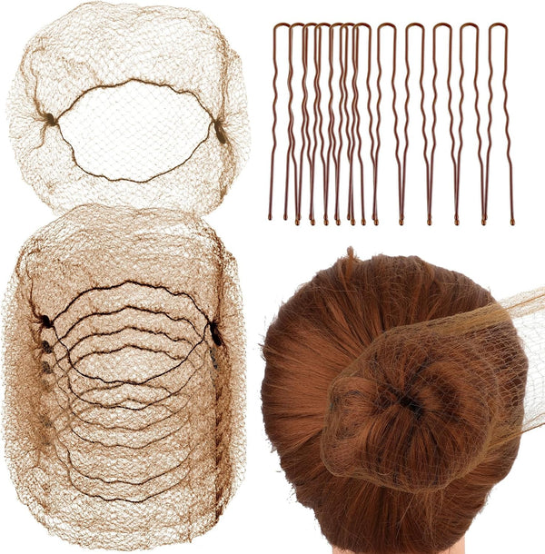 Hair Nets for Buns, Ballet Hair Net, 20 Pcs 50 Cm Individual Package Invisible Hair Nets and 40 Pcs U Shaped Hair Pins Set for Women, Girls, Ballet Dancer, Nurse(Brown)