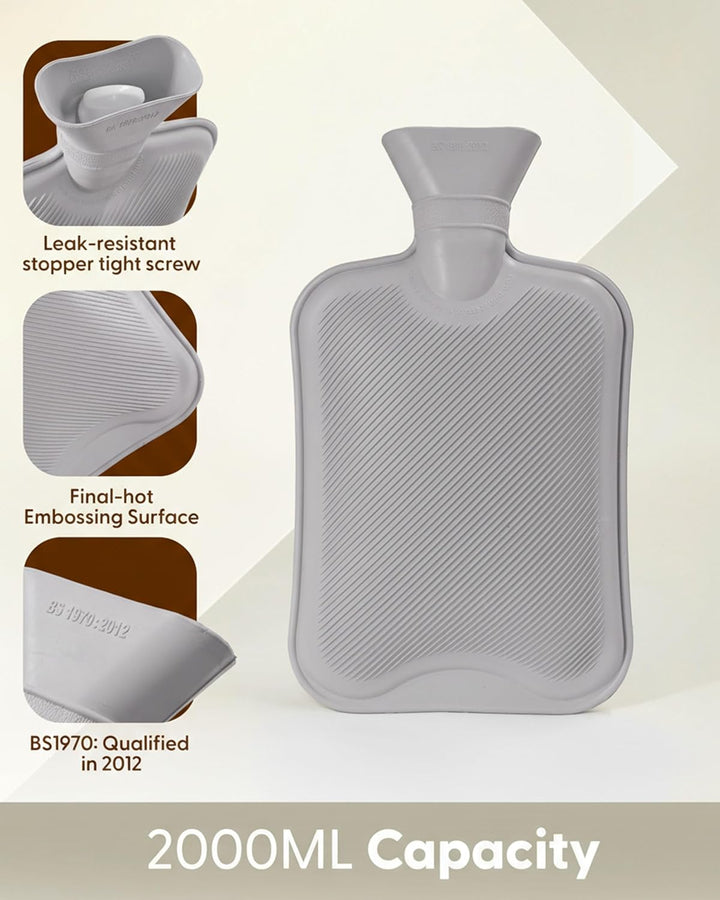 Hot Water Bottle 2L with Soft Faux Fur Cover, Leakproof Natural Rubber, Long Lasting Warmth for Neck, Back & Hands, Fluffy Cosy Design for Men & Women, Winter Comfort - Grey