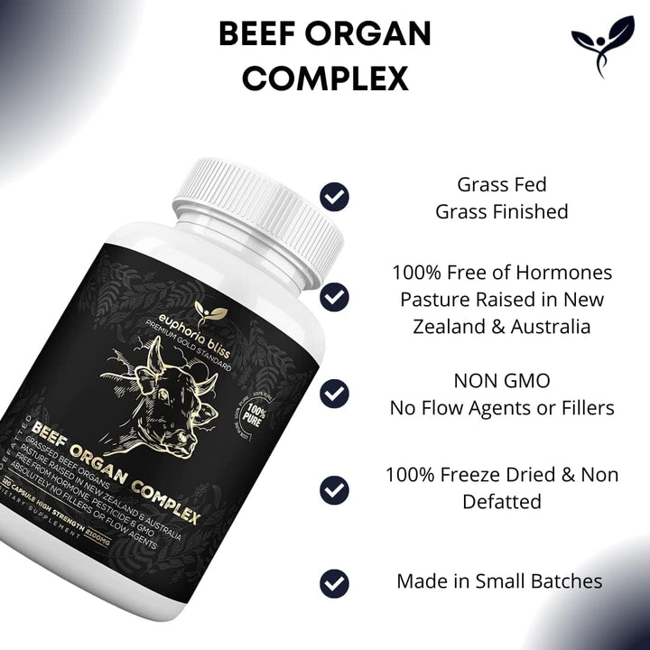 Premium Beef Organs Complex - 120 Capsules Freeze Dried Liver | Heart | Kidney | Pancreas | Spleen | Intestine | Tripe/Stomach | No Hormones, Antibiotics or GMO