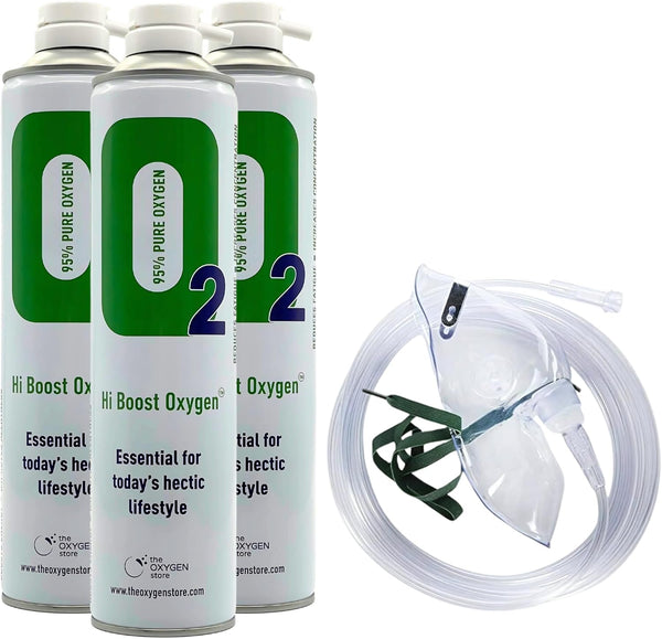 Hi Boost Oxygen Can Pure Oxygen | Pure Breathing Oxygen Essential for Todays Hectic Lifestyle | Made in the UK 10L X 3 Oxygen Cans Total 30L with Mask and Tube