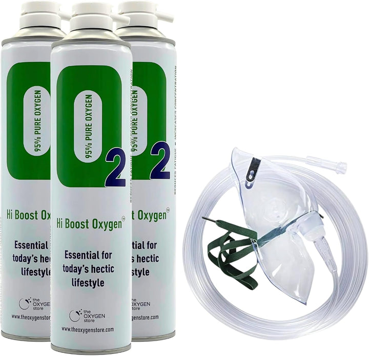 Hi Boost Oxygen Can Pure Oxygen | Pure Breathing Oxygen Essential for Todays Hectic Lifestyle | Made in the UK 10L X 3 Oxygen Cans Total 30L with Mask and Tube