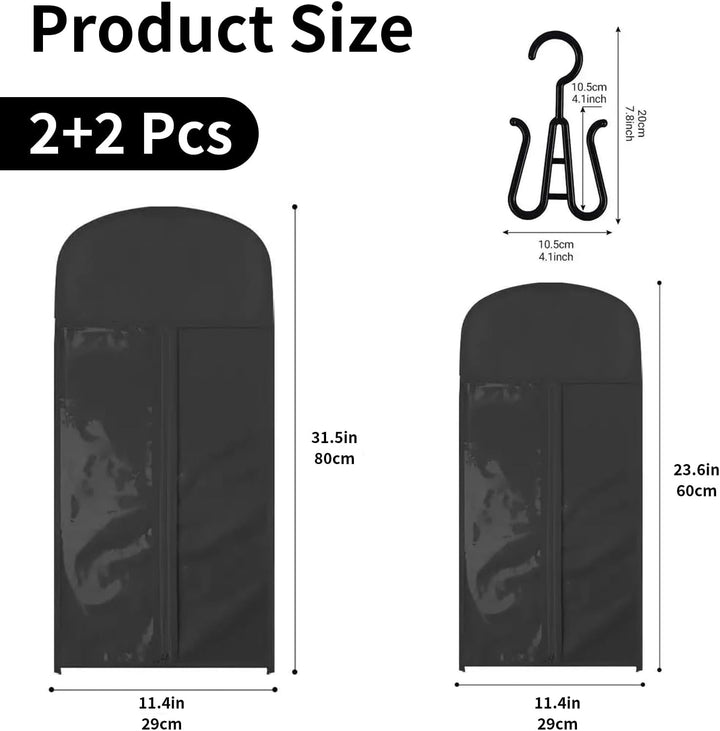 4-Pack Wig Storage Bags with Hanger (2 Large 31.5In +2 Medium 23.6In) Dual Size Transparent Window Organizer, Dustproof for Multiple Wigs & Extensions