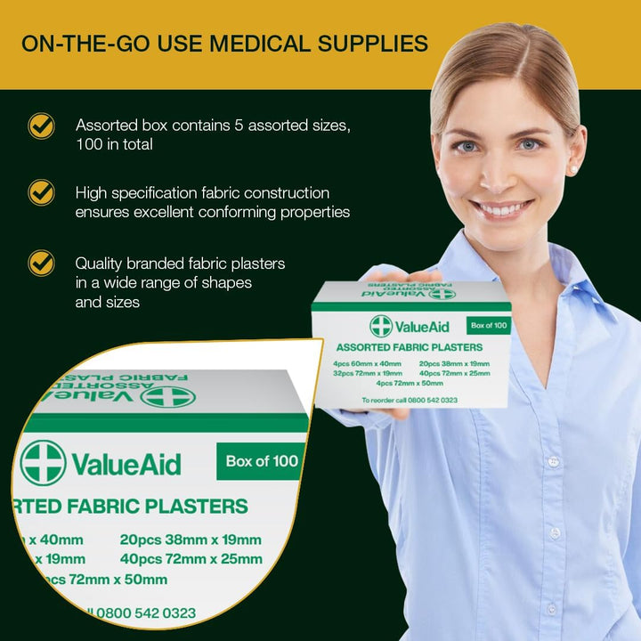 Fabric Plasters Assorted - Box of 100 Individually Wrapped Hypoallergenic Plasters, Latex-Free Adhesive - 5 Popular Sizes for First Aid Kit & On-The-Go Use Medical Supplies