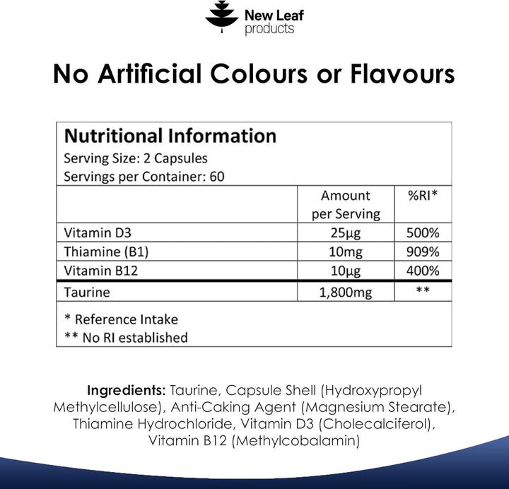 Taurine Supplement - High Strength 1800Mg Capsules Enriched with Vitamins B1, B12 & Vitamin D3-120 Amino Acids Capsules - Vegetarian Made in the UK by New Leaf