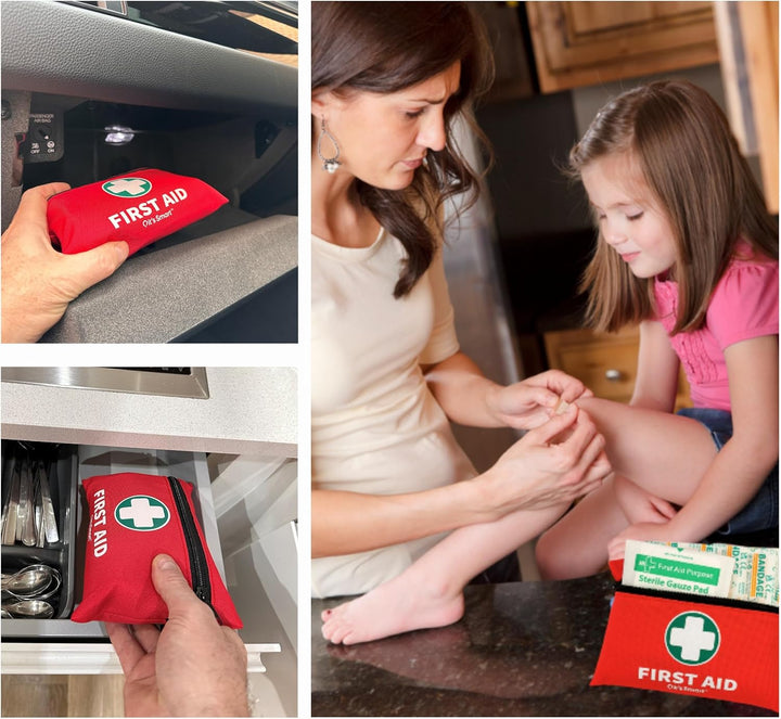 Premium First Aid Kit 110 Pieces - for Travel Essentials, Hiking, Home, Camping and Car - Includes Emergency Blanket, Plasters, Bandages, Eyewash and Other First Aid Essentials - Red