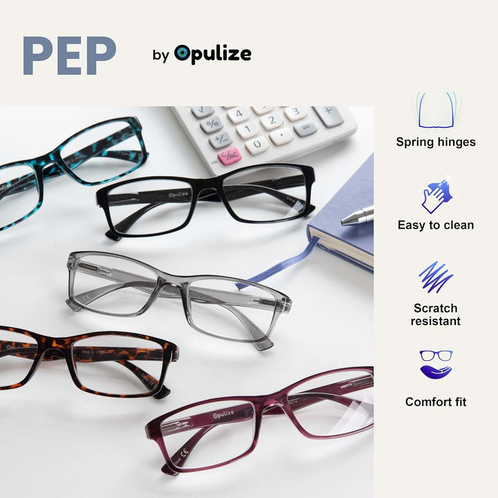PEP Classic Reading Glasses for Women Men, Scratch Resistant Rectangular Frame with Spring Hinges, Black, +2.5 (Pack of 6)