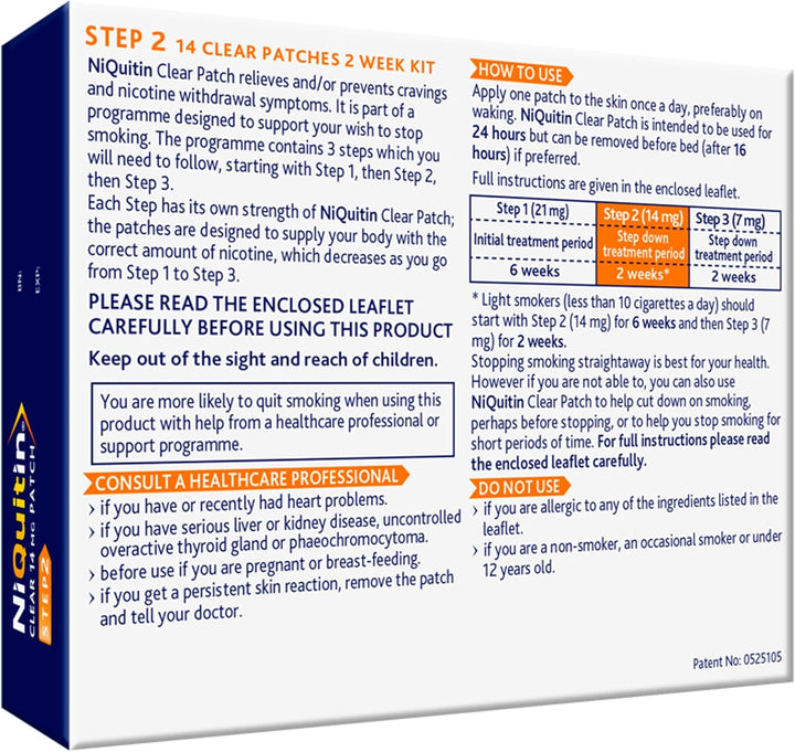 14 Mg Nicotine Patch - Step 2 - Stop Smoking Aid Therapy - 14 Clear Patches for 2 Weeks Treatment - 24H Craving Control - Invisible Nicotine Patches