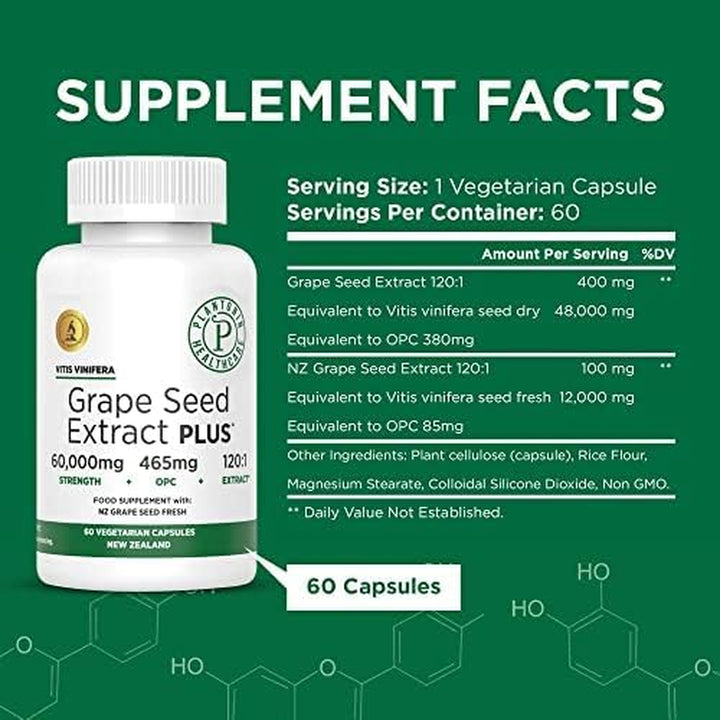 Grape Seed Extract Capsules, 465 Mg – Polyphenols Supplement for Optimal Blood Flow & Kidney Support | 60 Capsules with 93% Opcs – 60,000Mg Strength, GMO & Gluten-Free