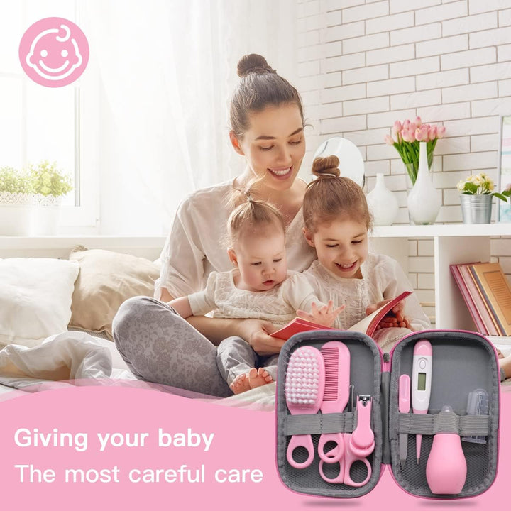 8Pcs Baby Grooming Kit, Newborn Baby Care Accessories with Zipper Box, Baby Hair Nail Thermometer Care Set, Baby Healthcare Set for Newborn Infant, Toddler Girls & Boys (Pink)