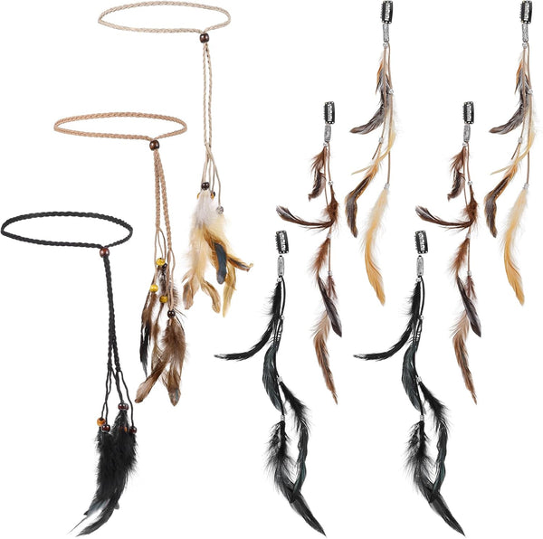 9Pcs Feather Headband with Clip - Boho Hippie Hair Extensions and Headpiece Set with Comb for Women