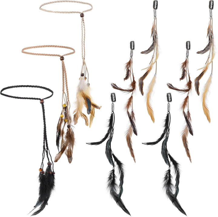 9Pcs Feather Headband with Clip - Boho Hippie Hair Extensions and Headpiece Set with Comb for Women